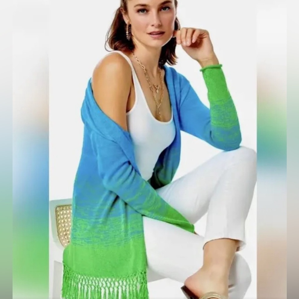 LILLY PULITZER TATUM FRINGE GECKO GREEN MARLED OMBRE CARDIGAN SWEATER